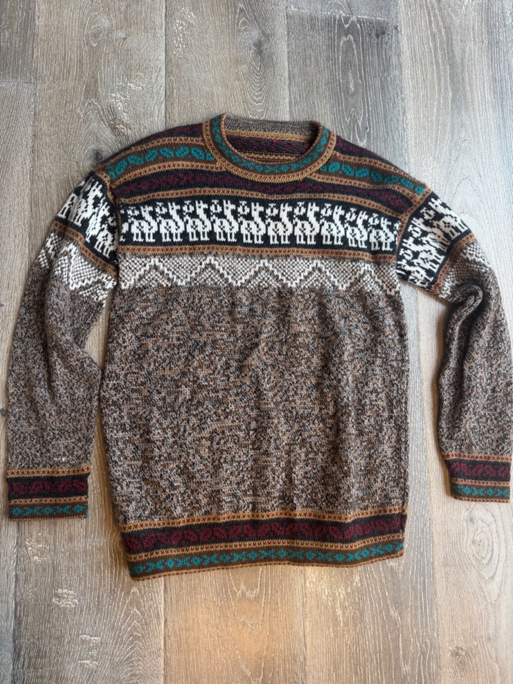 Alpaca Fair Isle Crewneck Sweater in Brown with Multicolor Yoke 0450